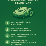 Wizualizacja robota- kolory zieleni wraz z tekstem opisującym zalety urzadzenia