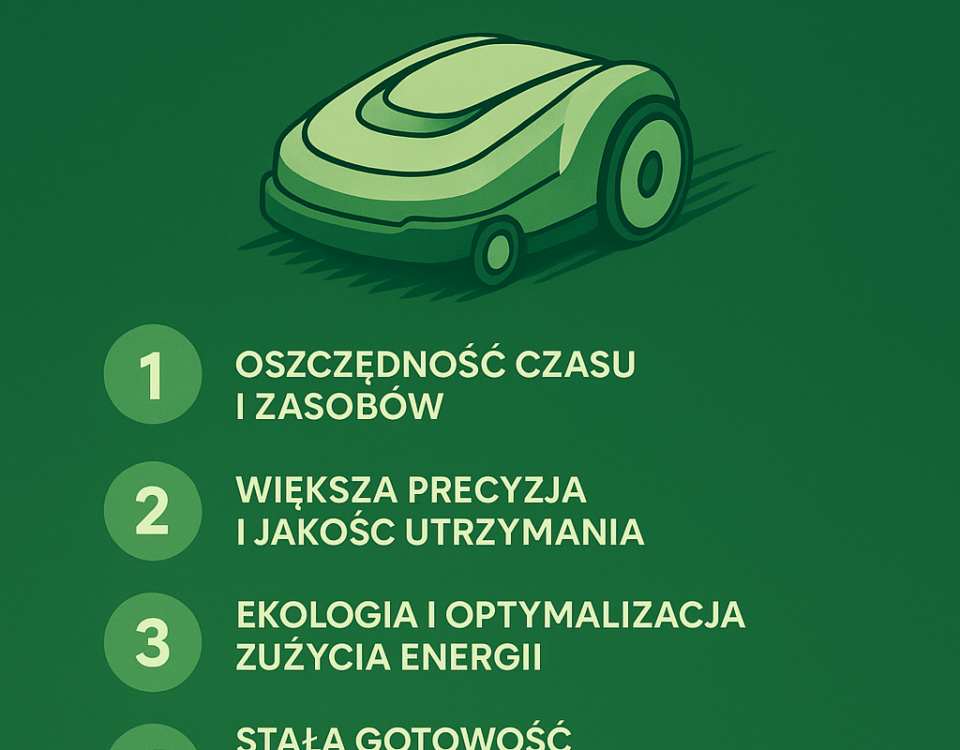 Wizualizacja robota- kolory zieleni wraz z tekstem opisującym zalety urzadzenia