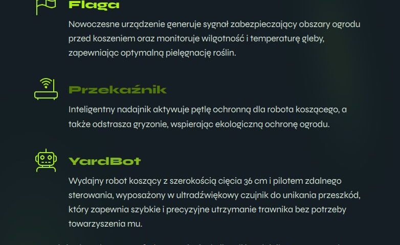 Opis naszych produktów biały nagłówek główny, zielone nagłówki nazw urządzeń, białe opisy