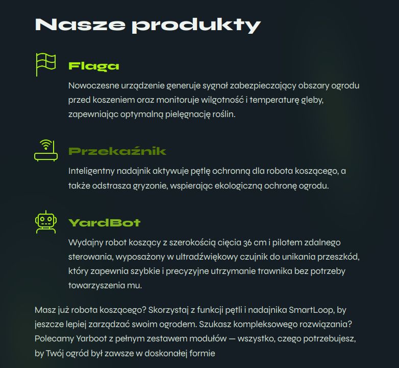 Opis naszych produktów biały nagłówek główny, zielone nagłówki nazw urządzeń, białe opisy