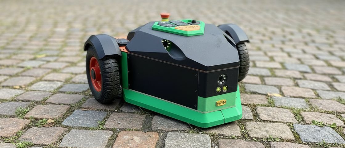 Robot autonomiczny poruszający się po kostce brukowej.