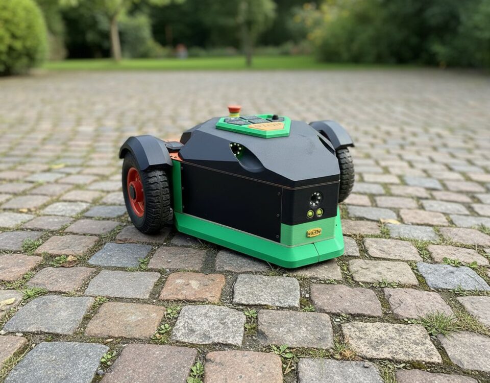 Robot autonomiczny poruszający się po kostce brukowej.