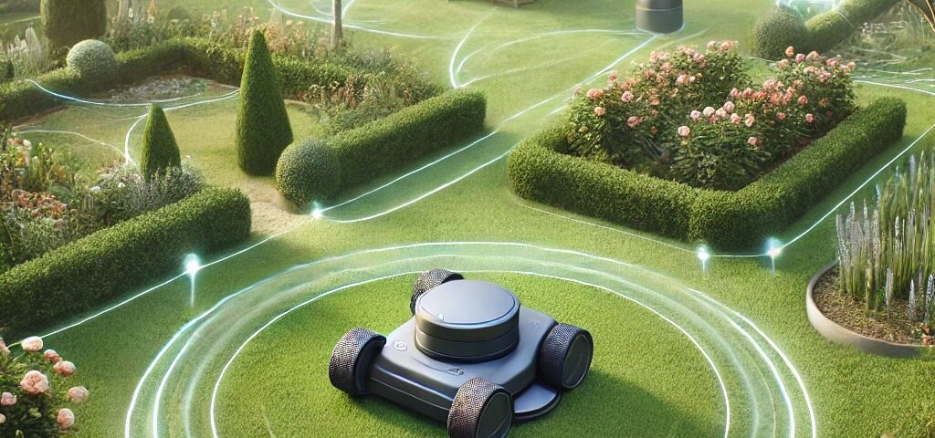 Inteligentny robot koszący pracujący w ogrodzie.