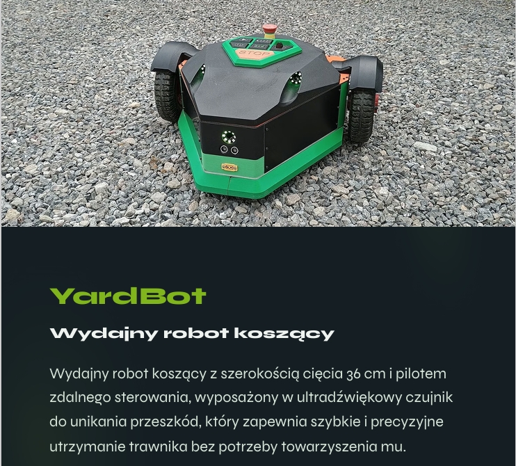 YARDBOT zdalnie sterowany robot koszący do pielęgnacji trawnika wraz z opisem